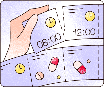 Illustration zeigt eine Hand, die ein einzelnes Medikamentenfach mit der Aufschrift „08:00“ aus einer vorsortierten Blisterverpackung herauslöst.