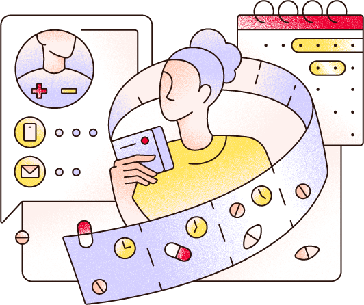 Illustration zeigt eine Person im Gespräch mit einer pharmazeutischen Fachkraft, umgeben von Kalender- und Medikamentensymbolen.