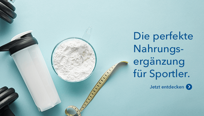 Banner mit Proteinpulver, Shaker und Hanteln für Nahrungsergänzung im Sport.