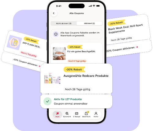 Auf einem Smartphone werden exklusive App-Coupons von Shop Apotheke angezeigt.