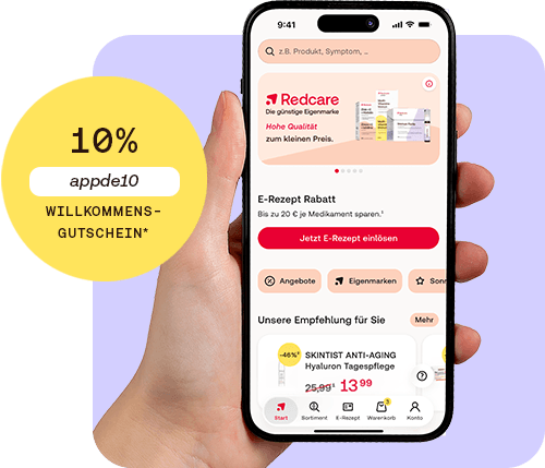 Startbildschirm der Shop-Apotheke-App mit 10 % Willkommens-Gutscheincode appde10.