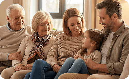 Familie sitzt gemeinsam auf dem Sofa