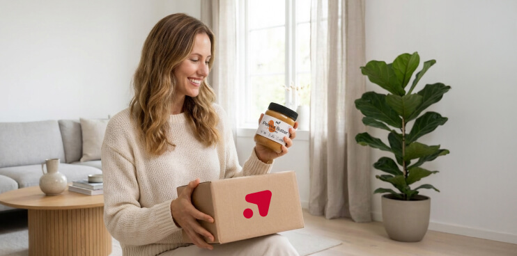 Frau mit Shop Apotheke Paket und nu3 Produkt in der Hand