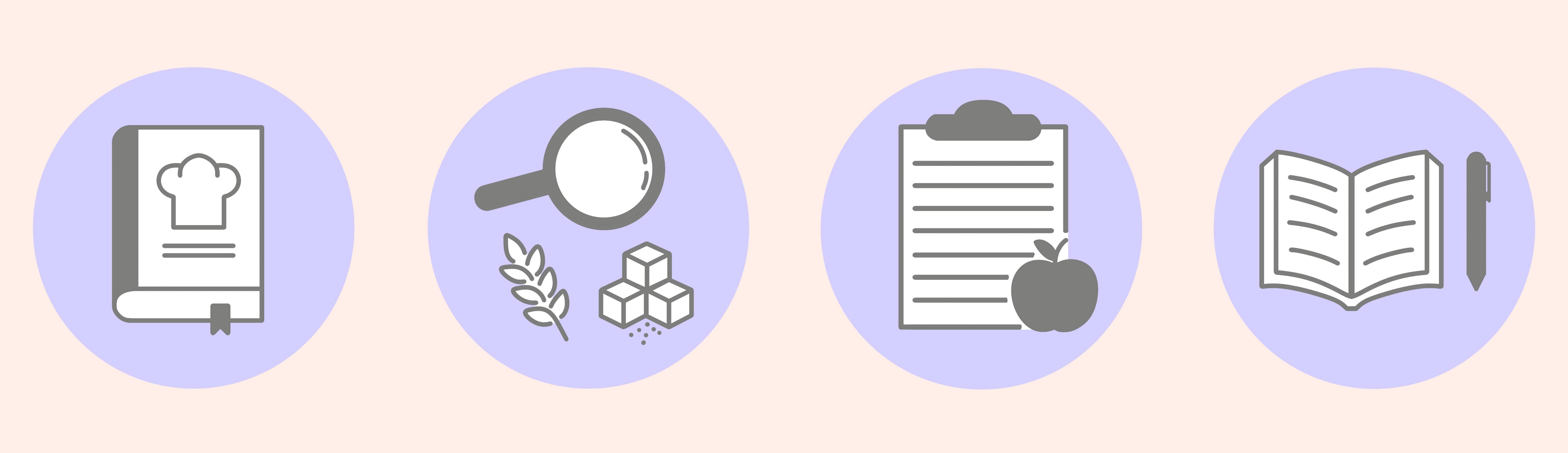 Symbole für Kochbuch, Nährstoffe unter Lupe, Ernährungsplan und Notizen mit Stift.