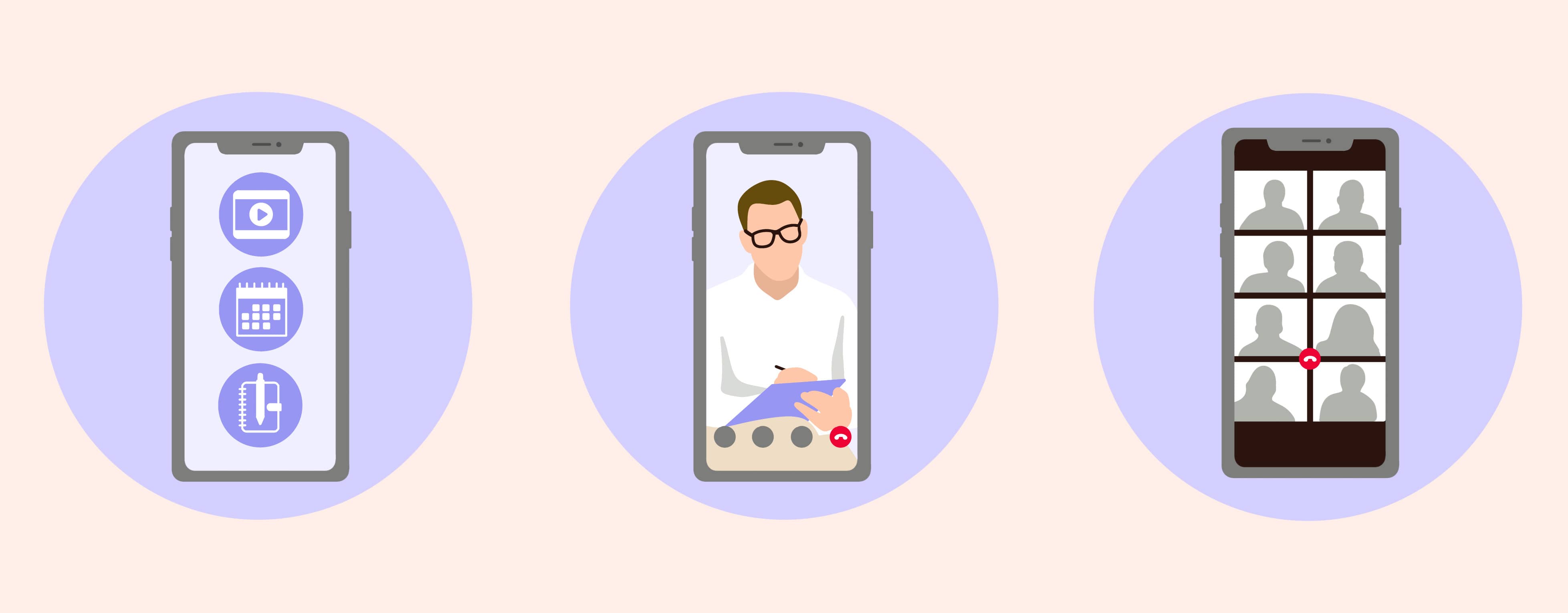 Illustration mit drei Smartphones: Symbole für Bildung und Dokumentation, ein Arzt im Videogespräch, rechts eine Gruppen-Videokonferenz.