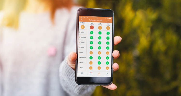 Eine Hand hält ein Smartphone, auf dessen Bildschirm eine Pollenflug-Vorhersage mit grünen, gelben und roten Markierungen angezeigt wird.