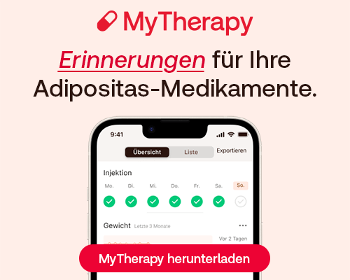 Werbegrafik für die MyTherapy-App mit dem Text „Erinnerungen für Ihre Adipositas-Medikamente“ und einem roten Button „MyTherapy herunterladen