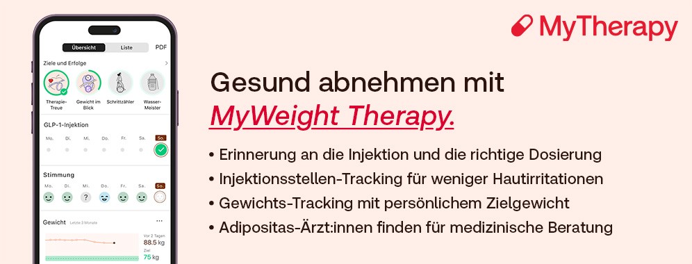 Werbebanner für die Medikamenten-Erinnerungs-App MyTherapy bzw. das Programm MyWeight Therapy bei Übergewicht und Adipositas