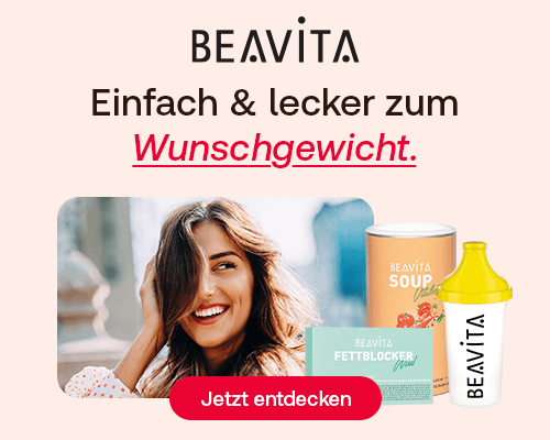 BEAVITA-Werbebanner mit einer lächelnden Frau, BEAVITA-Produkten wie Suppe, Fettblocker und Shaker sowie dem Slogan „Einfach & lecker zum Wunschgewich