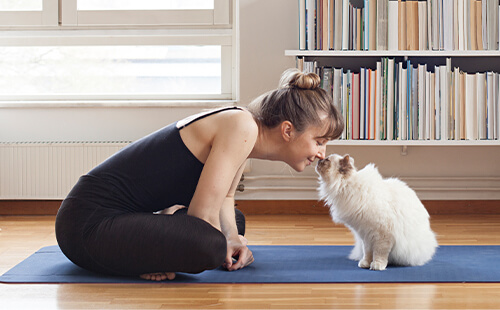 Eine Frau sitzt auf einer Yogamatte und kuschelt mit ihrer Katze. 