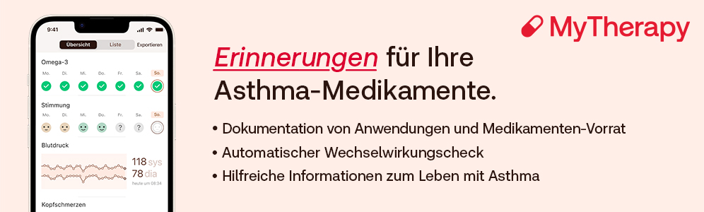Banner MyTherapy für Asthma - die App zur Medikamentenerinnerung, Dokumentation der Einnahmen uvm.