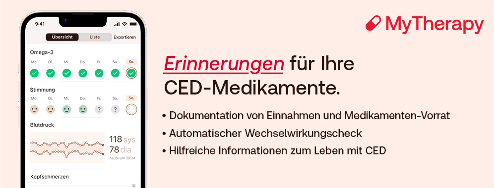 Banner MyTherapy für CED - die App zur Medikamentenerinnerung, Dokumentation der Einnahmen uvm.