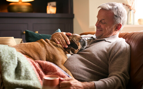 Ein Mann kuschelt mit seinem Hund auf der Couch. 