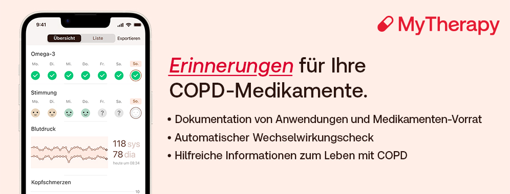 Banner MyTherapy für COPD - die App zur Medikamentenerinnerung, Dokumentation der Einnahmen uvm.