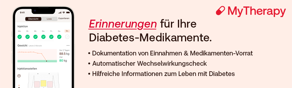 Banner MyTherapy App für Diabetes - die App zur Medikamentenerinnerung, Dokumentation der Einnahmen oder Injektionen uvm.