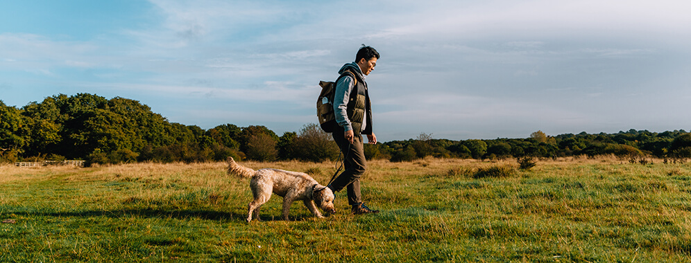 Ein Mann geht mit seinem Hund draußen spazieren. 