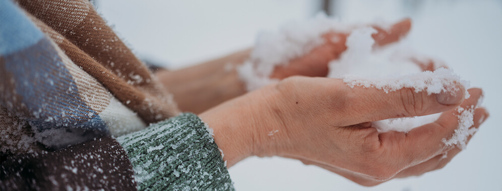 Hände halten Schnee.