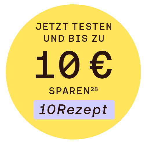 Gelbe Bubble mit der Beschriftung 10 € pro Rezept