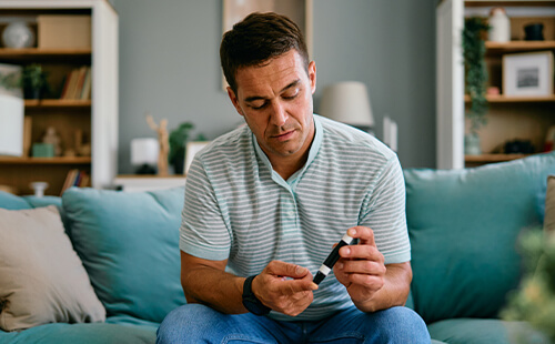 Ein Mann benutzt einen Pen auf seinem Zeigefinger.