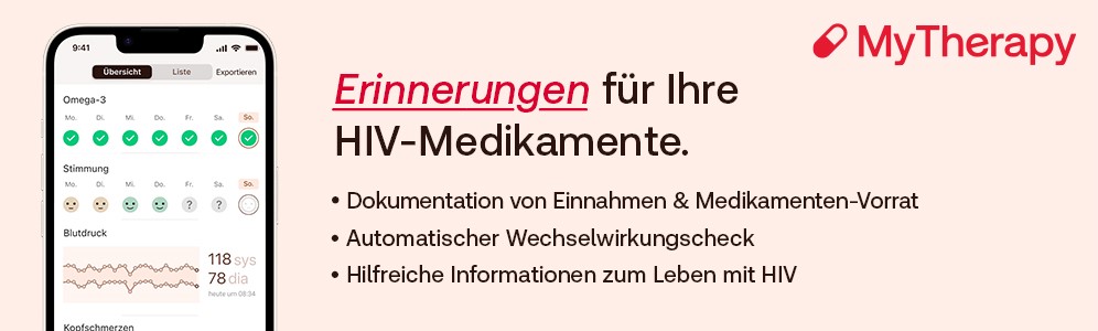 Banner MyTherapy App für HIV - die App zur Medikamentenerinnerung, Dokumentation der Einnahmen uvm.