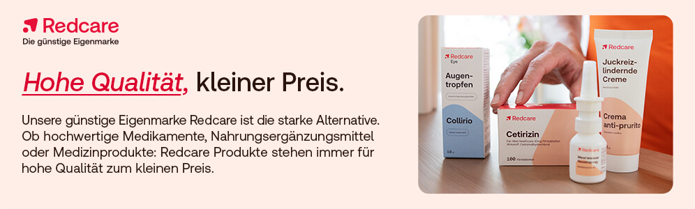 Werbebanner mit Redcare Eigenmarken und dem Text "Hohe Qualität - kleine Preise" 