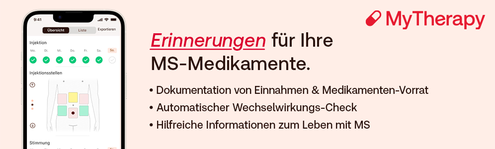 Banner MyTherapy App für MS - die App zur Medikamentenerinnerung, Dokumentation der Einnahmen oder Injektionen uvm.