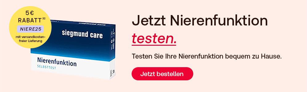 Gutscheinbanner für einen Nierenselbsttest für 5 € Rabatt und versandkostenfreie Lieferung dieses Artikels bei Angabe des Gutscheincodes "niere25"