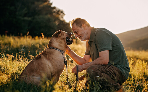 Ein Mann beim Spaziergang mit seinem Hund.