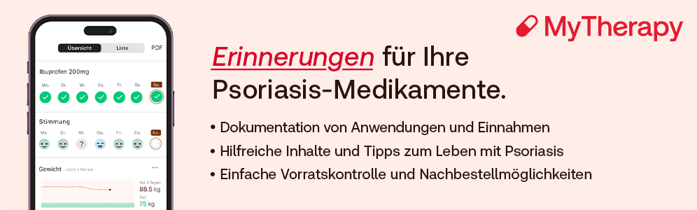 Banner für MyTherapy App für Psoriasis - zur Erinnerung an die Medikamentenanwendung, Arzttermine uvm. 