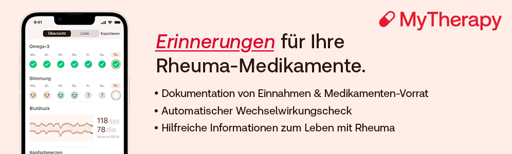 Banner MyTherapy für Rheuma - die App zur Medikamentenerinnerung, Dokumentation der Einnahmen uvm.