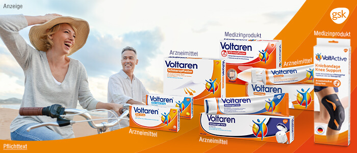 Voltaren Header, Keyvisual und Produktübersicht