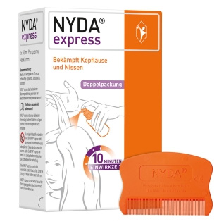 Zwei Packshots NYDA® express mit dargestelltem Läusekamm.