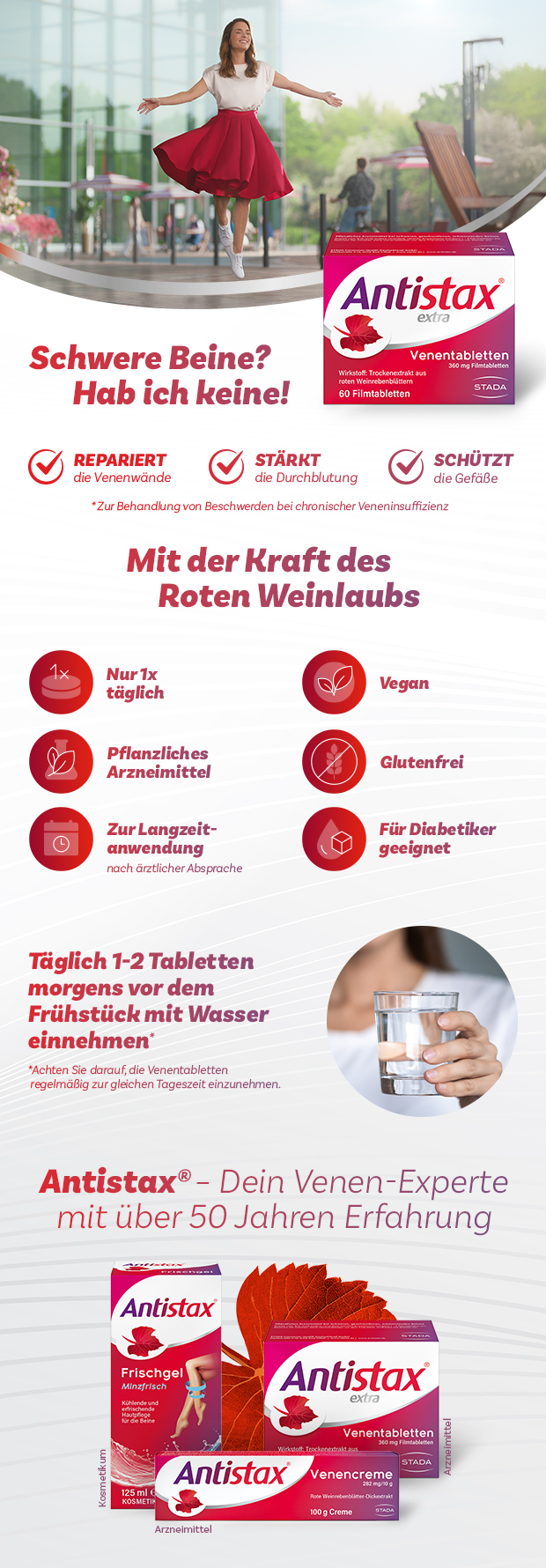 Antistax extra Venentabletten 60 Stück, mit rotem Weinlaubblatt-Symbol.