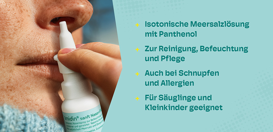Imidin sanft Nasen-Pflegespray, 20ml. Isotonische Meersalzlösung mit Dexpanthenol. Für Säuglinge, Kleinkinder und Erwachsene.
