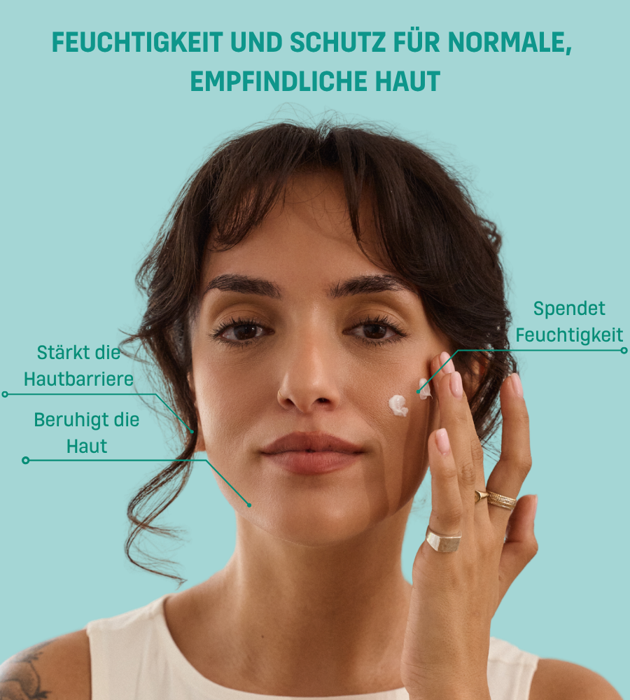 Frau trägt Creme auf. Text: EUBOS Sensitive Pflege Feuchtigkeitscreme. Text: Feuchtigkeit und Schutz für empfindliche Haut.