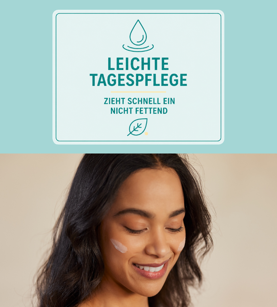 Frau mit Creme. Text: EUBOS Sensitive Pflege Feuchtigkeitscreme. Text: Leichte Tagespflege. Zieht schnell ein.