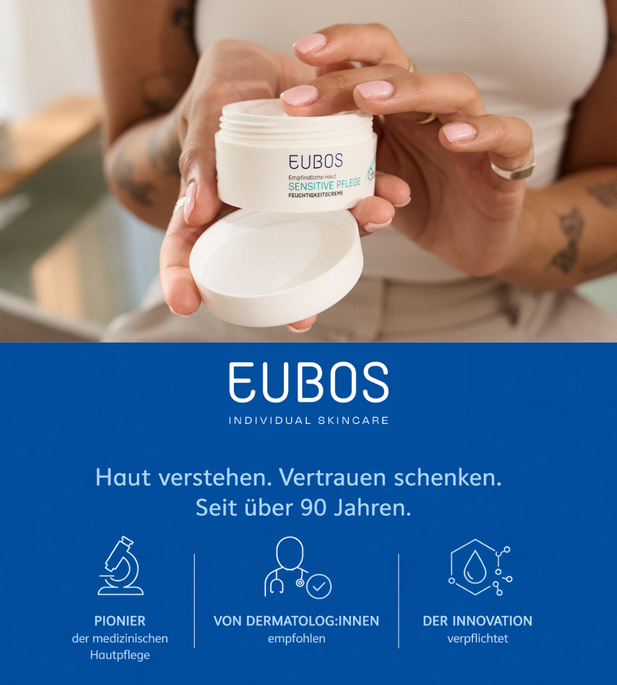 Produkt-Dose und Hände. Text: EUBOS. Text: Haut verstehen. Vertrauen schenken. Seit über 90 Jahren.