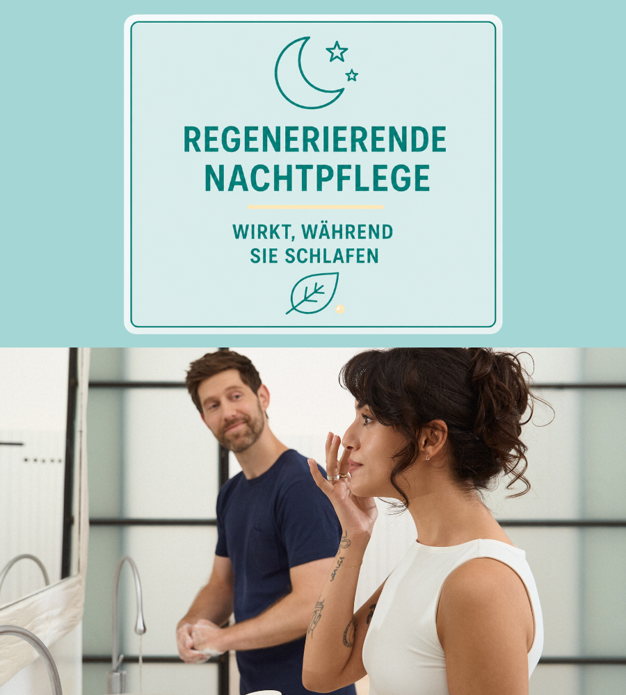 Paar im Badezimmer. Text: Regenerierende Nachtpflege. Wirkt, während Sie schlafen.