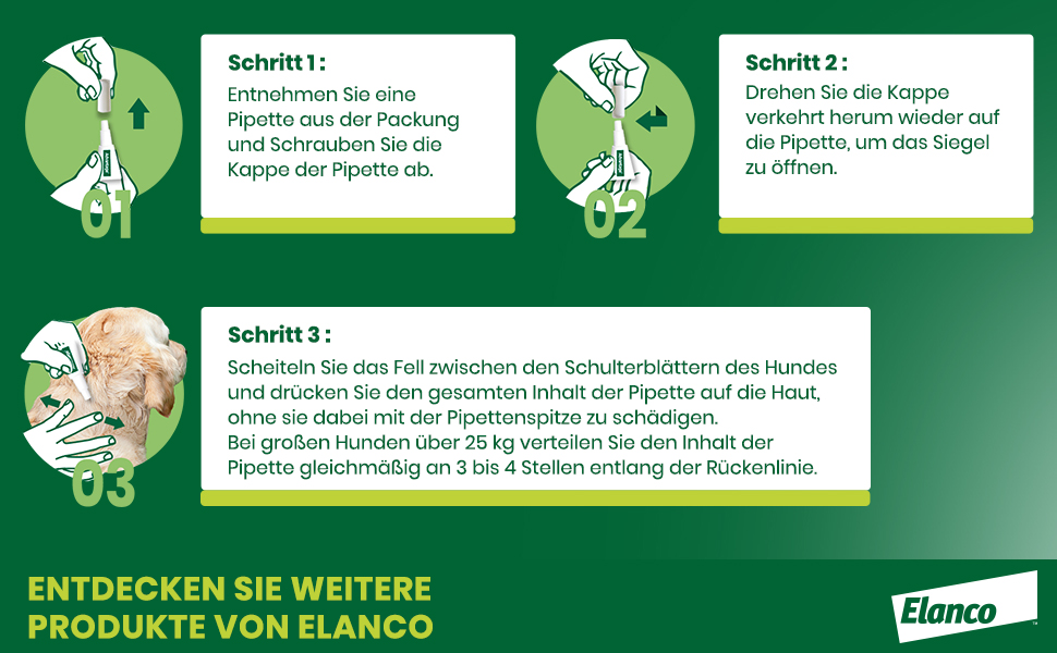 Anleitung: 3 Schritte zur Anwendung von Advantage. Elanco Logo.