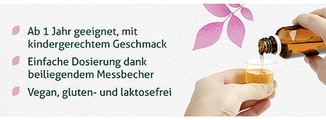Produkt und Text: Ab 1 Jahr geeignet, mit kindgerechtem Geschmack. Einfache Dosierung. Vegan, laktosefrei.