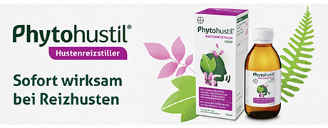 Produkt und Text: Sofort wirksam bei Reizhusten. Produktname und Logo.