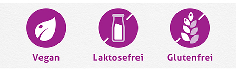 Text: Vegan, laktosefrei, glutenfrei. Logos.