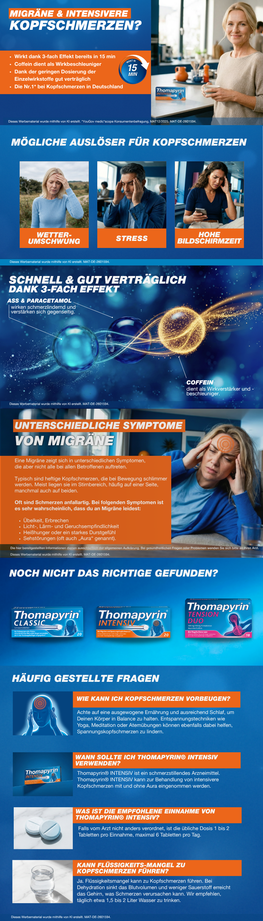 Produktabbildung und Frau mit Kopfschmerzen. Text: Wirkt in 15 Min. und ist gut verträglich.