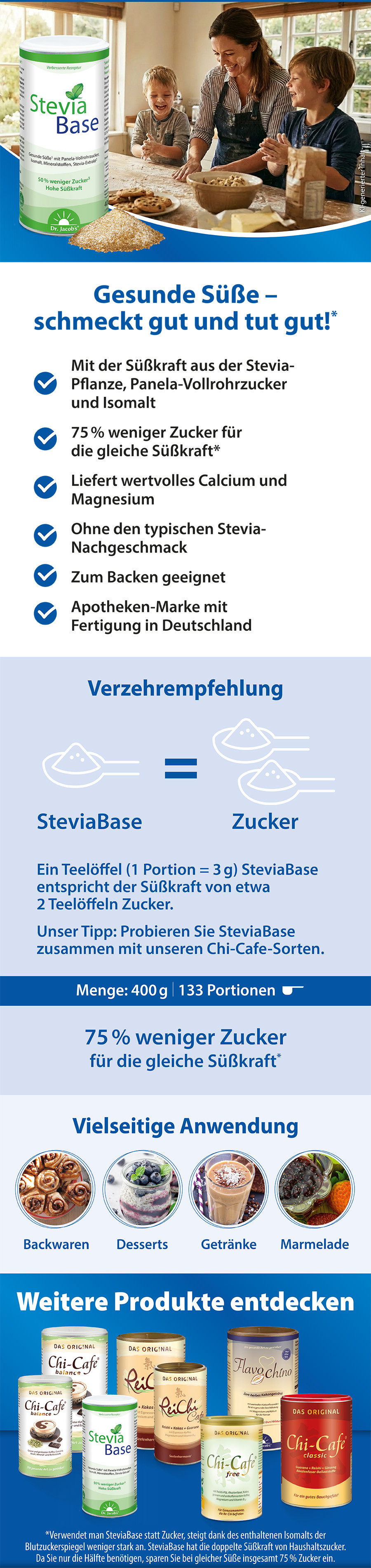 Infografik. Stevia Base Dose, Text und Icons. Vorteile: 75% weniger Zucker, Calcium, Magnesium, Backen.