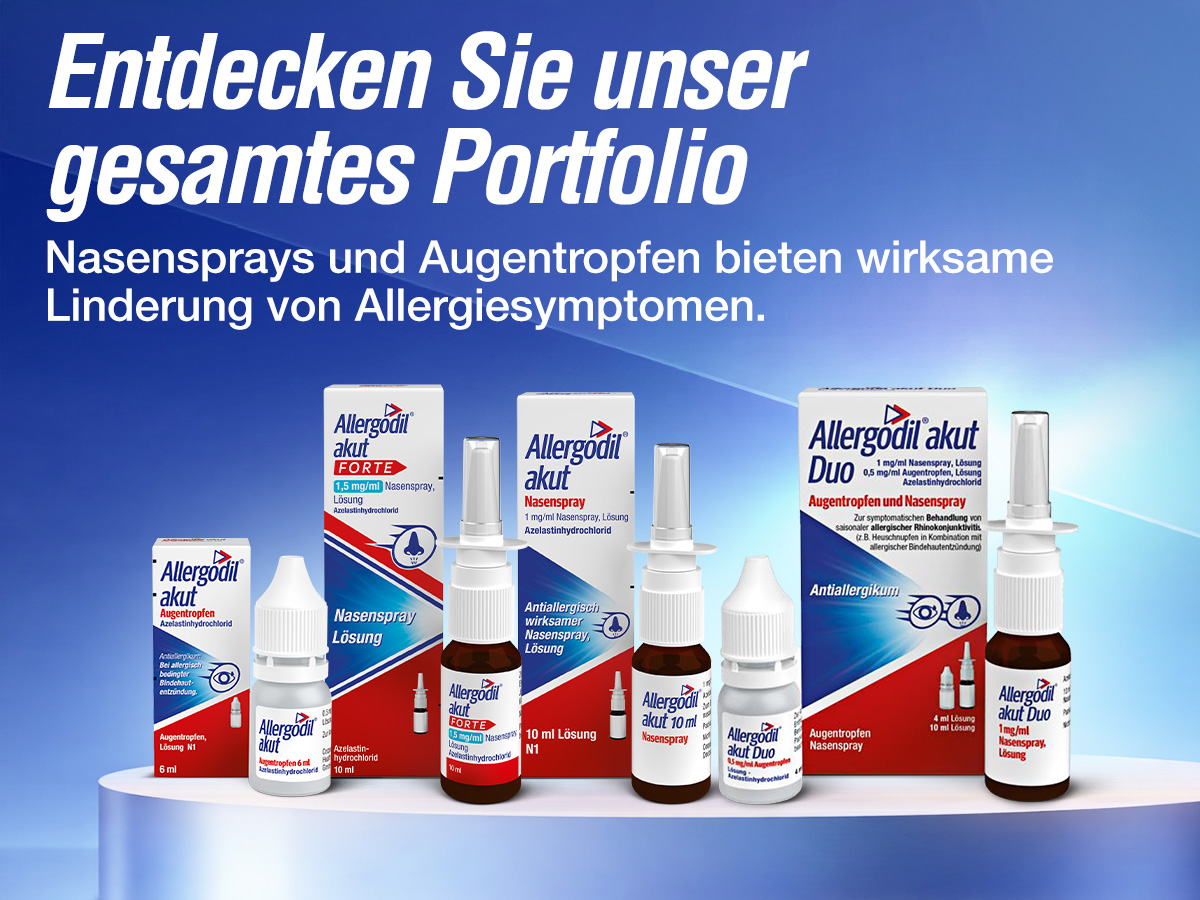 Das Allergodil Portfolio: Nasensprays und Augentropfen für wirksame Linderung.
