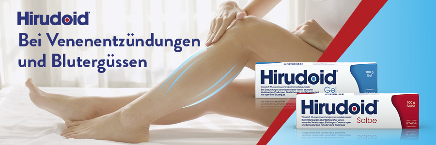 Frau sitzt, Bein mit blauem Strich markiert. Zwei Packungen Hirudoid Gel und Salbe. Text: Bei Venenentzündungen und Blutergüssen.
