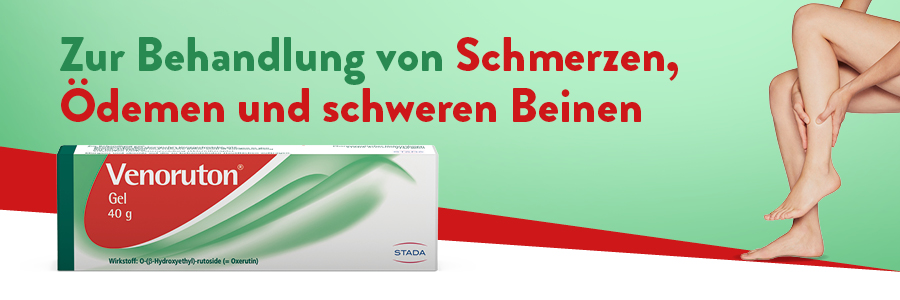 Venoruton® Gel-Packung. Frau hält Bein. Text: Auch bei Schmerzen nach Venenverödung.