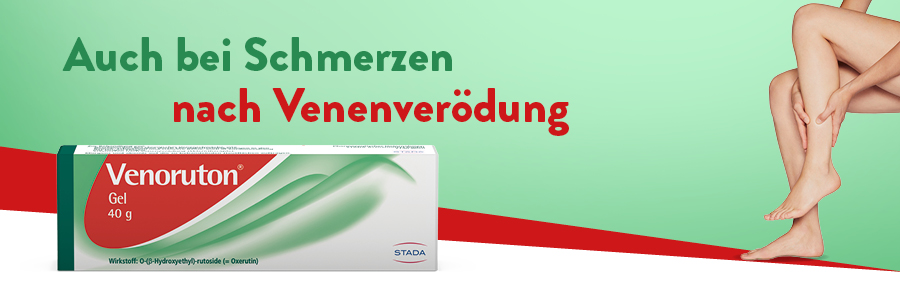 Venoruton® Gel-Packung. Frau hält Bein. Text: Kann unter Bandagen & Stützstrümpfen angewendet werden.