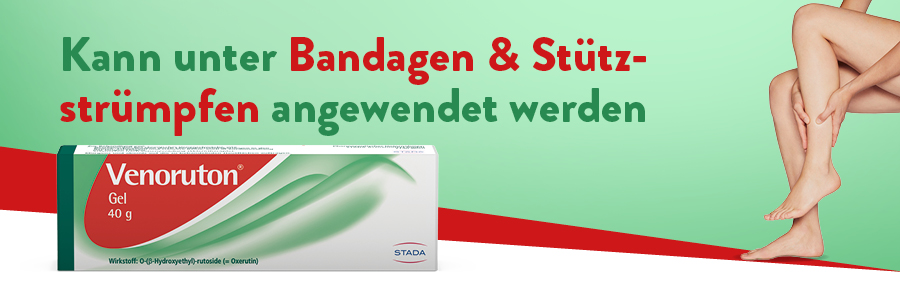 Venoruton® Gel-Packung. Text: Anwendung: Venoruton® Gel morgens und abends auf die betroffene Stelle auftragen.
