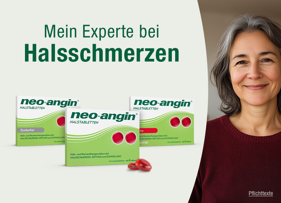 Personen mit neo-angin Halstabletten. Text: Gezielte Hilfe bei Halsschmerzen. 3-fach Effekt. Bekämpft Erreger.